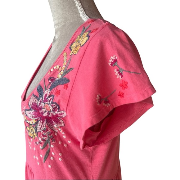 Johnny Was Tiered Embroidered Cotton Midi Dress Boho Artsy Coral Pink Medium - Picture 5 of 9